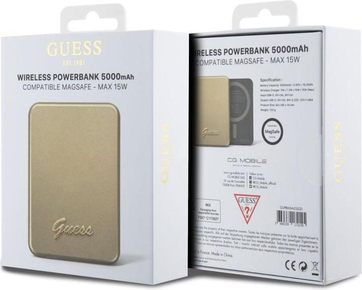 Produktbild Guess Powerbank indukcyjny 15W GUPBM5ALGSGD 5000mAh złoty/gold MagSafe Metal Script Logo (5000 mAh, 15 W)