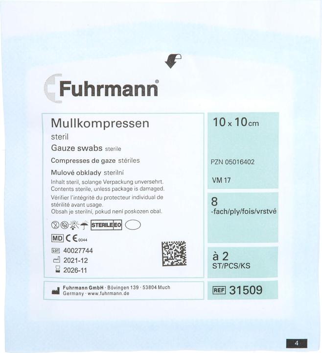 Produktbild Fuhrmann Mullkompressen 10x10cm 8-fach a 2 Stück steril, 50X2 St KOM