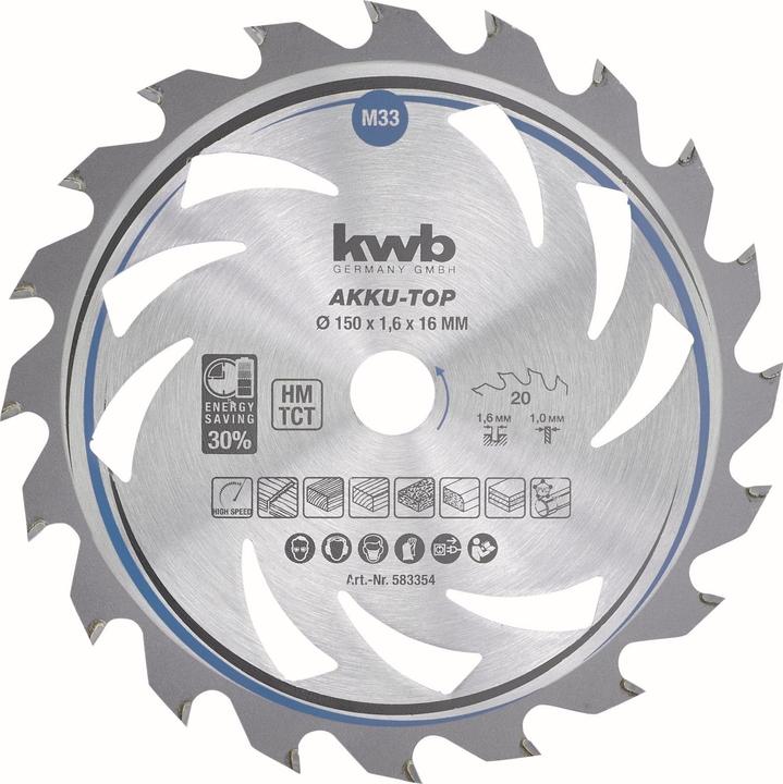 Produktbild kwb AKKU-TOP Säge-Blatt f. Hand-Kreissägen 150 x 16, 20 Zähne, Dünn-Schnitt