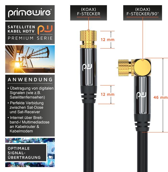 Actual product image Primewire SAT cable HDTV 90Â° angled - Premium SAT coaxial cable - TV Radio DVB-T DVB-C - 4-fold shielding (135 dB, Satellite cable)
