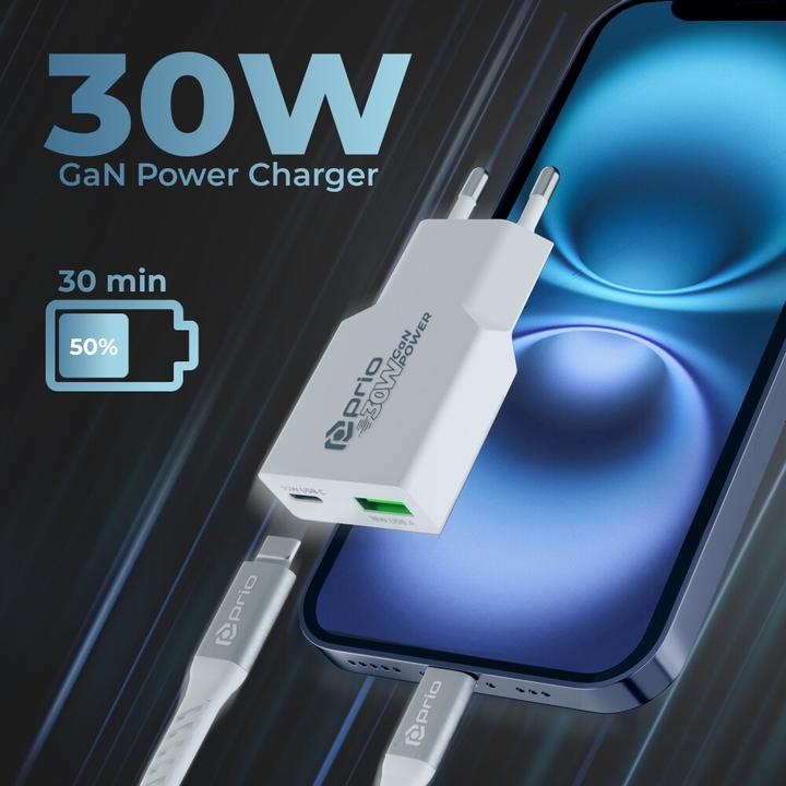 Produktbild prio Ladegerät GaN POWER 30W PD PPS (USB C) + QC 3.0 (USB A) weiss (30 W)
