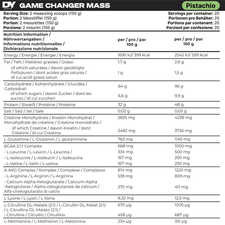 Valeurs nutritives et ingrédients DY Nutrition Game Changer Mass (Pistache, 1 pcs, 3000 g)