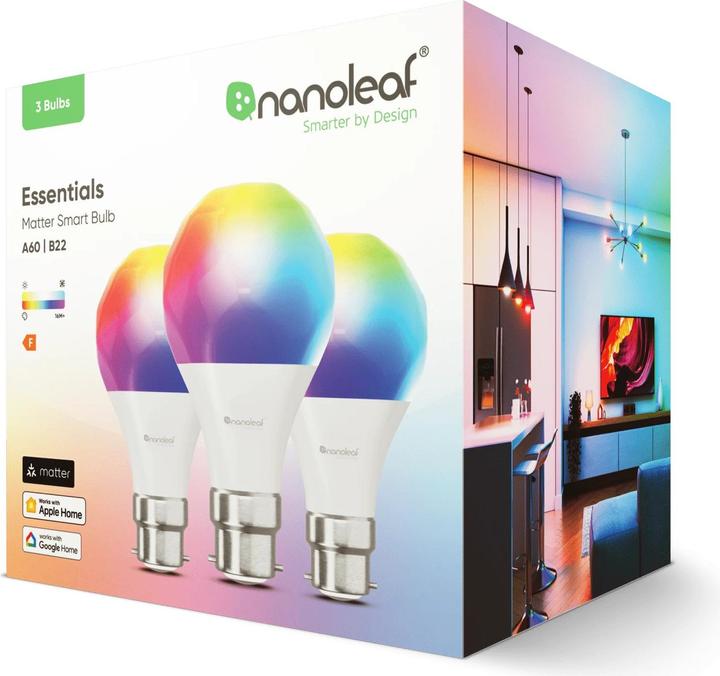 Actual product image Nanoleaf Essentials Smart A60 Bulb B22 Matter 9W 806Lm RGBCW 2700-6500K, 3pcs pack (B22, 8.50 W, 806 lm, 3 x, F)