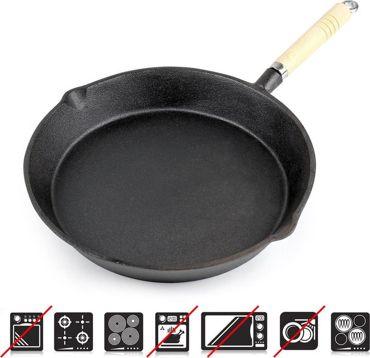 Produktbild Wiltec Bratpfanne Gusseisen Ø30cm Holzgriff Feuerpfanne Grillpfanne Steakpfanne (30 cm, Bratpfanne, Gusseisen)