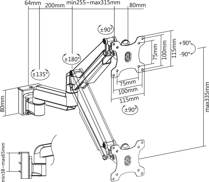 Immagine prodotto InLine Supporto per monitor con sollevatore per parete a lamelle grigio argento (Muro, Soffitto, 32.01")