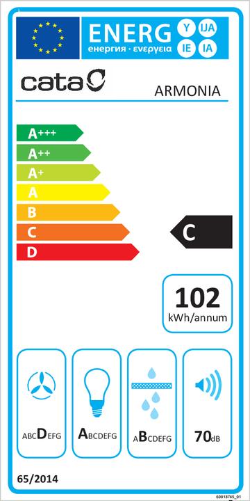 Label énergétique Cata Hotte ARMONIA 45 X, Intégré, Classe d'efficacité énergétique C, Largeur 44,8 cm, 645 m³/h, Commande (Hotte écran plat)