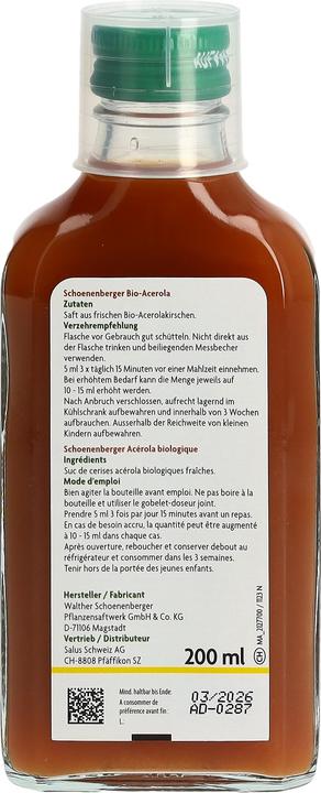 Nutritional values and ingredients Schönenberger Acerola (1 Piece, Liquid, 434 g)