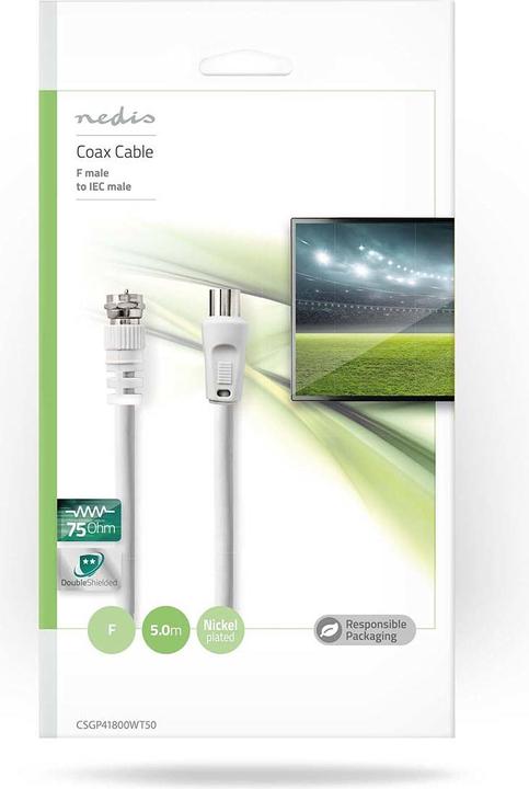 Produktbild Nedis Satellite & Antenna Cable F Male IEC (Coax) Male Nickel Plated 75 Ohm Double Shielded 5.00 m R (75 dB, Antennenkabel)