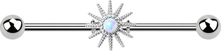 Star Piercing Barbell silber mit Sonnenstrahlen und Opal weiss (Messing, Chirurgenstahl 316L)