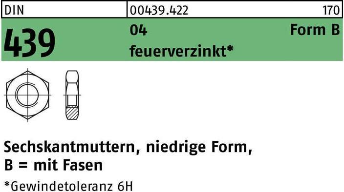 Zeskantmoer DIN 439 vorm B BM 8 Vrij snijdend staal thermisch verzinkt (M8)