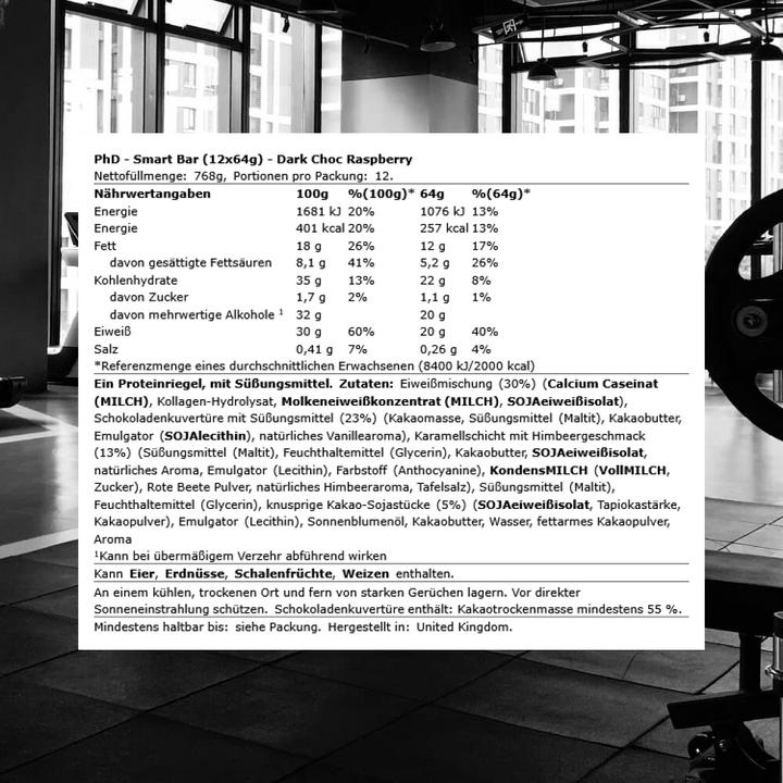 Produktbild PhD Nutrition Smart Bar (Himbeere, Schwarze Schokolade, 12 Stk., 768 g)