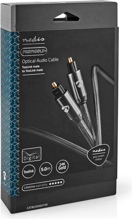 Produktbild Nedis Optical audio cable TosLink Male, 5m, round, braided - Gray With Metal (5 m, TOSLINK)