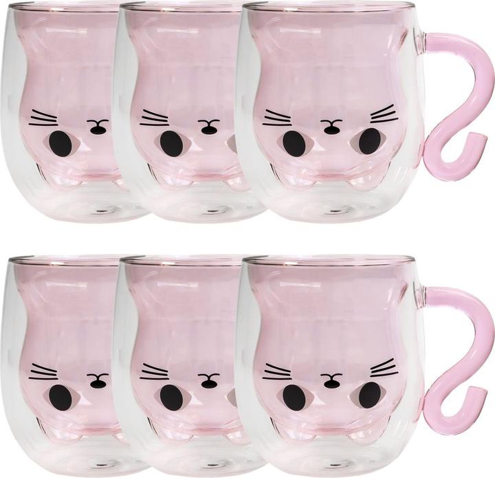 Produktbild Intirilife Doppelwandiges Thermo Glas Set Design Katze (0.20 l, 6 x)