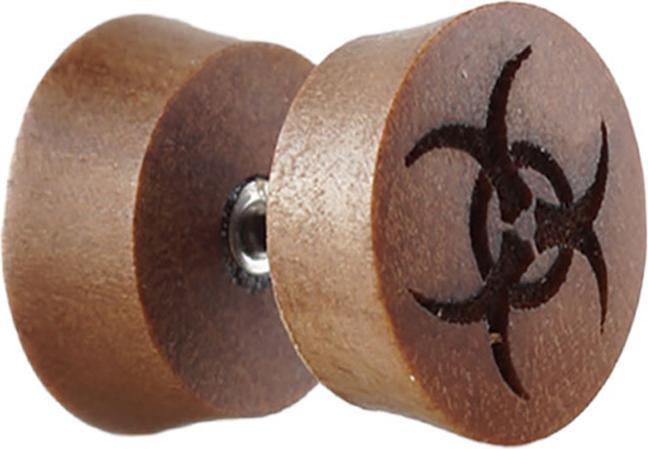 Star Piercing Fake Plug aus Sawo Holz mit Biohazard (ohne Messing, Organisch)