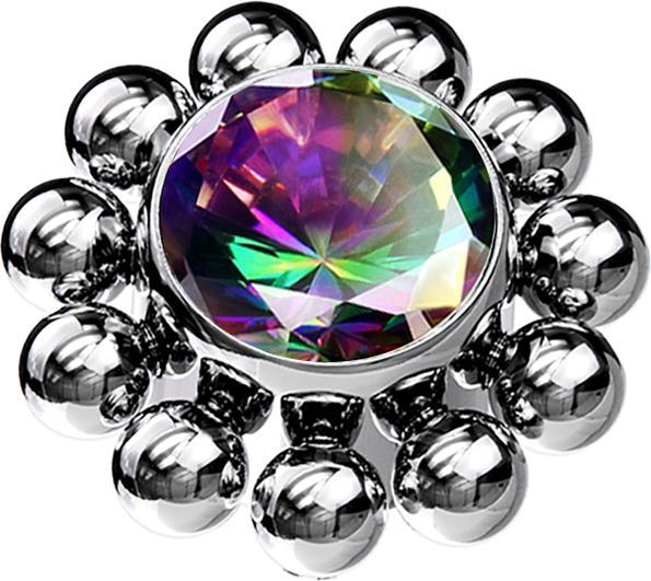 Star Piercing Dermal Anchor silber Kugelblume Kristall dunkel multicolor (Titan G23, ohne Messing)