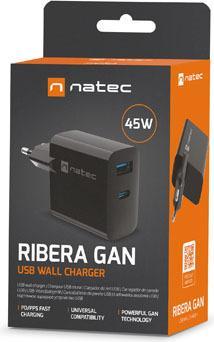Produktbild Genesis Ladowarka sieciowa Natec Ribera Gan 1x USB-A + 1x USB-C 45W czarna (45 W)