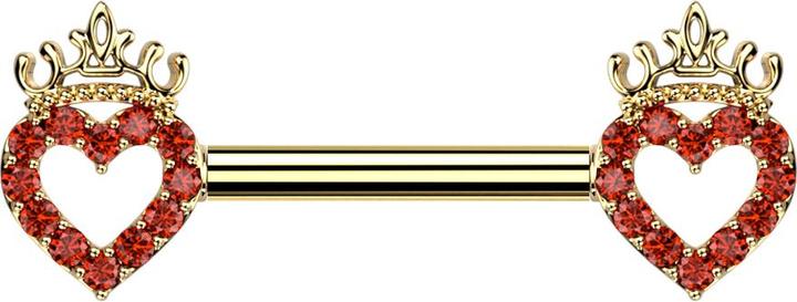 Star Piercing Barbell vergoldet Herz und Krone Kristalle rot (Chirurgenstahl 316L, Messing)