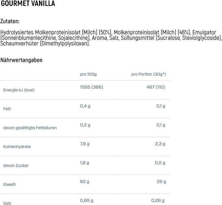 Nährwerte und Zutaten Dymatize ISO 100 Hydrolyzed (Vanille, 1 Stk., 2200 g)