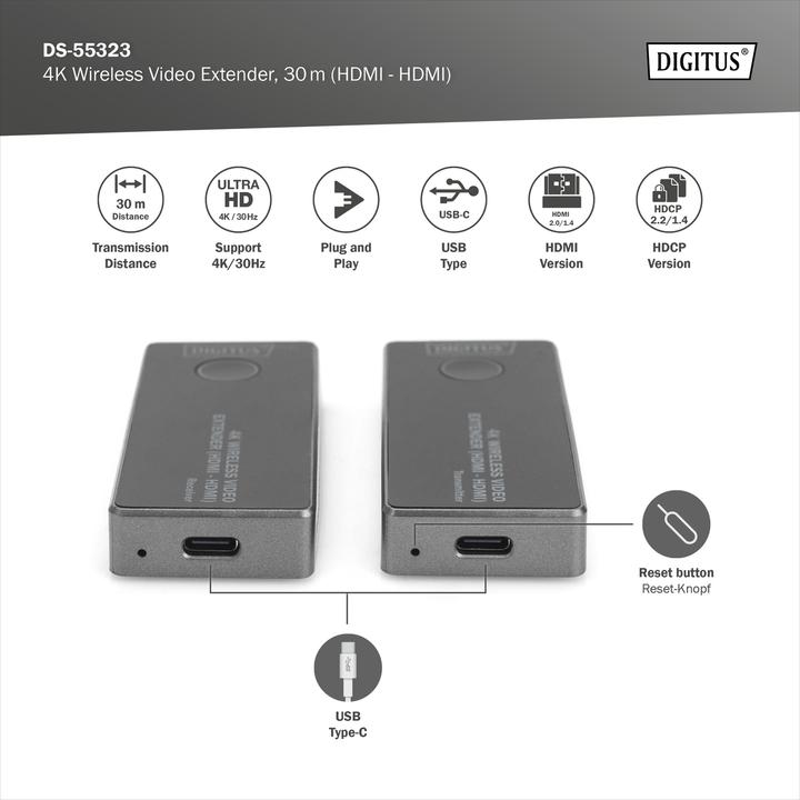Productafbeelding Digitus 4K draadloze HDMI-extenderset, 30 m HDMI - HDMI (30 m, HDCP, HDMI 2.0)