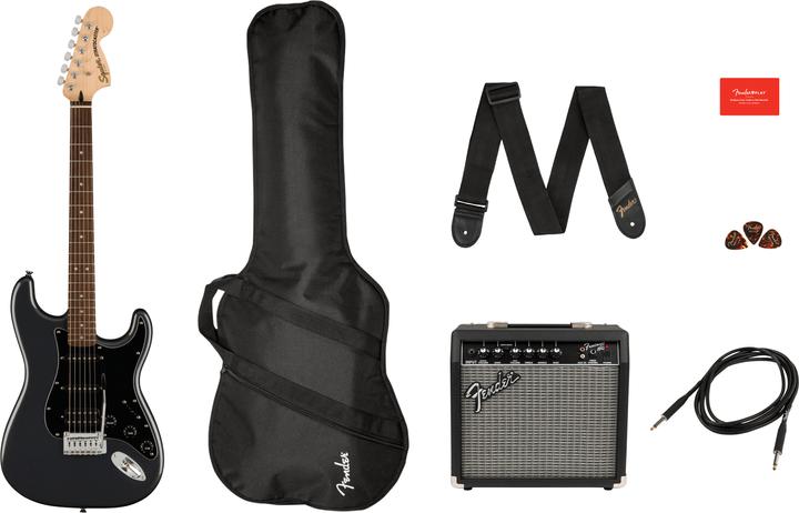 Actual product image Fender Affinity Series Stratocaster HSS Pack IL Charcoal Frost Metallic starterset electric guitar (Electric guitars set, Maple wood, Poplar, Laurel)
