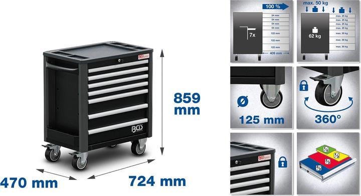Image du produit BGS Servante d’atelier 7 tiroirs hauteur très réduite avec 209 outils (209 x)