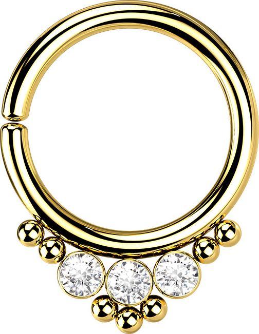 Star Piercing Micro Piercing Ring vergoldet Kugeln und drei Kristalle (Chirurgenstahl 316L, ohne Messing)