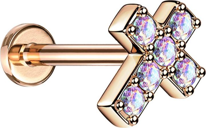 Star Piercing Micro Labret Innengewinde rosegold Kreuz mit Kristall multicolor (ohne Messing, Chirurgenstahl 316L)