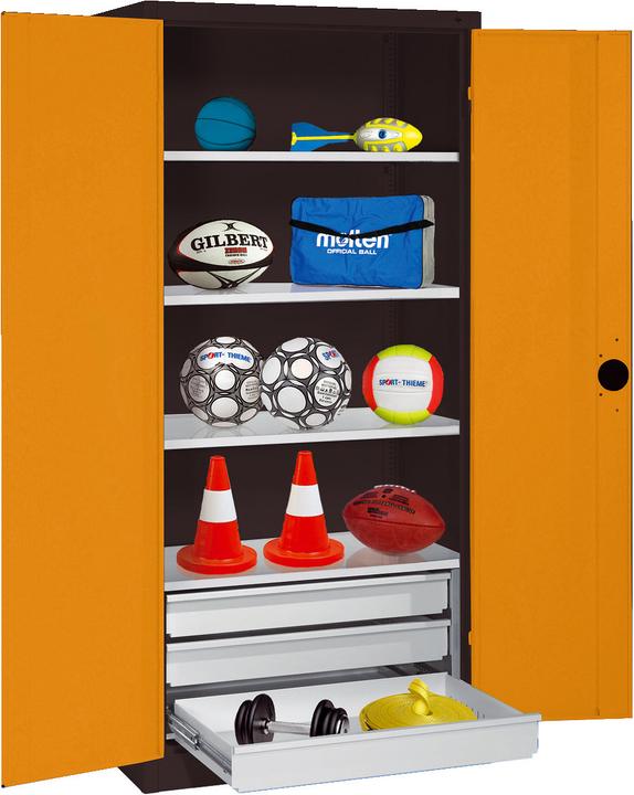 C+P Sportgeräteschrank mit Schubladen (HxBxT: 195x120x50 cm, mit Vollblech-Flügeltüren, Typ 4)
