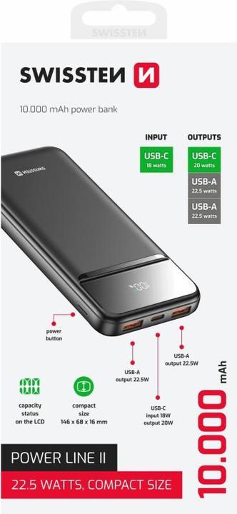 Produktbild Swissten Power Bank 10000 Mah Power Line II Black (10000 mAh, 22.50 W)