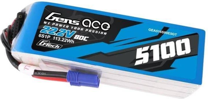 Actual product image Gens Ace G-Tech 5100mAh 80C 22.2V 6S1P Lipo Battery Pack with EC5 plug (22.20 V, 5100 mAh)