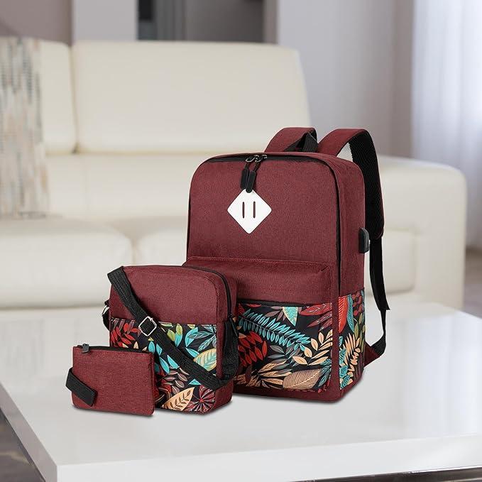 Actual product image Only-Bags.Store Classic leaves pattern backpack set, large capacity storage backpack with square