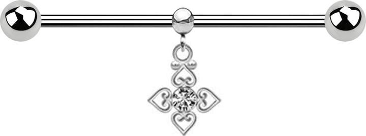 Star Piercing Barbell silber zwei Kugeln mit Kugel Ring Anhänger Kristall silber vier filigrane Herzen (Chirurgenstahl 316L)