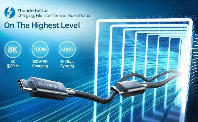 Produktbild Choetech USB-C Thunderbolt 4 Lade- und Datenkabel (0.80 m, USB 4.0, 100 W)