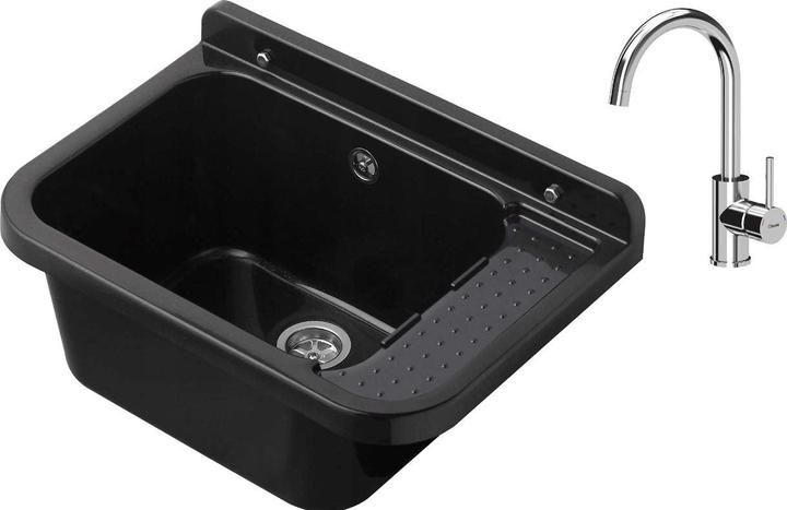 Produktbild VBChome Ausgussbecken Schwarz + Armatur Chrom