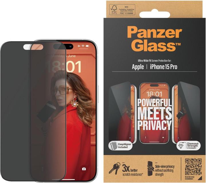 Immagine prodotto PanzerGlass Proteggi schermo Privacy Ultra-Wide Fit (1 Pezzo/i, Apple iPhone 15 Pro)