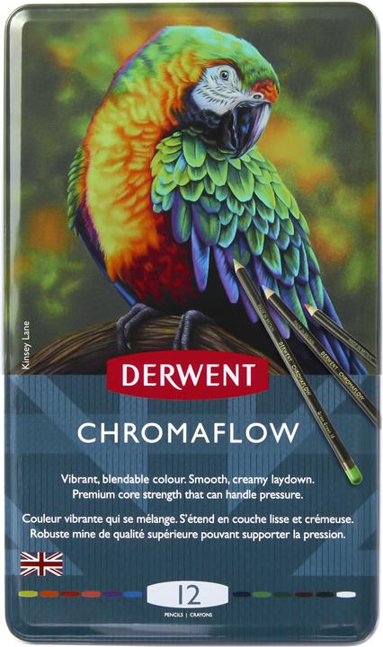 Derwent Chromaflow coloured pencils (Blush Pink, Fleming, Natural Brown, Scarlet, grass green, Denim, Sun Yellow, Blue, Basil, Black, Lilac, White, 12 x)