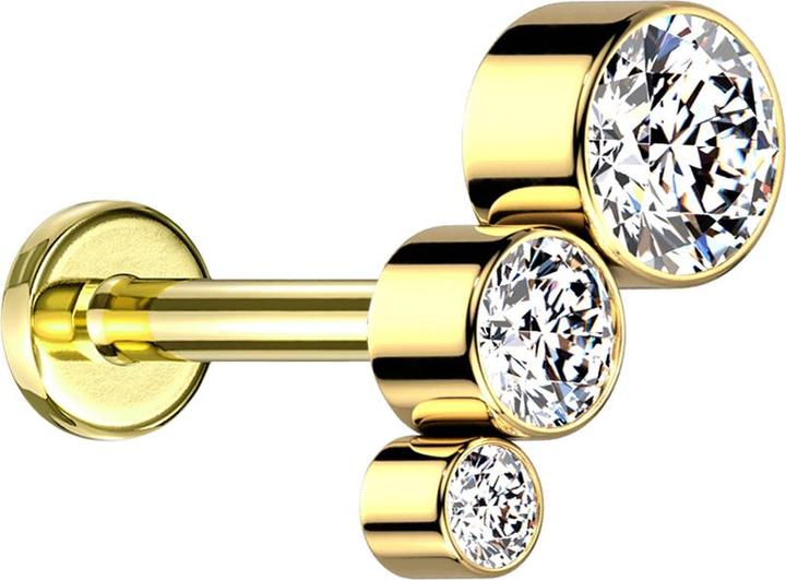 Star Piercing Micro Labret Innengewinde vergoldet absteigend drei Kristalle silber (ohne Messing, Titan G23)