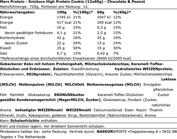 Nährwerte und Zutaten Mars Snickers Hi Protein (Schokolade und Erdnüsse, 12 Stk., 720 g)