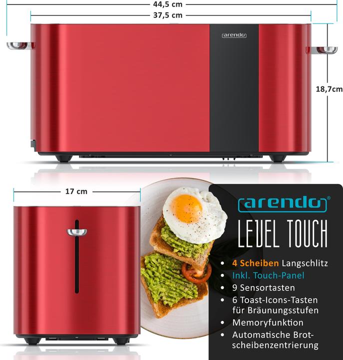 Produktbild Arendo Toaster Edelstahl 4 Scheiben Langschlitz, Bräunungsgrad & Restzeitanzeige, Touch Display, 1500 W (EU-Stecker)