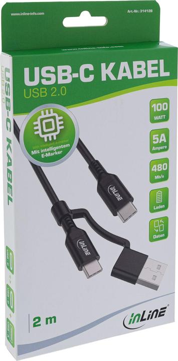 Produktbild InLine 2-in-1 USB-C Kabel + USB-A Adapter, USB 2.0, 100W, TPE, schwarz, 2m (2 m, USB 2.0)