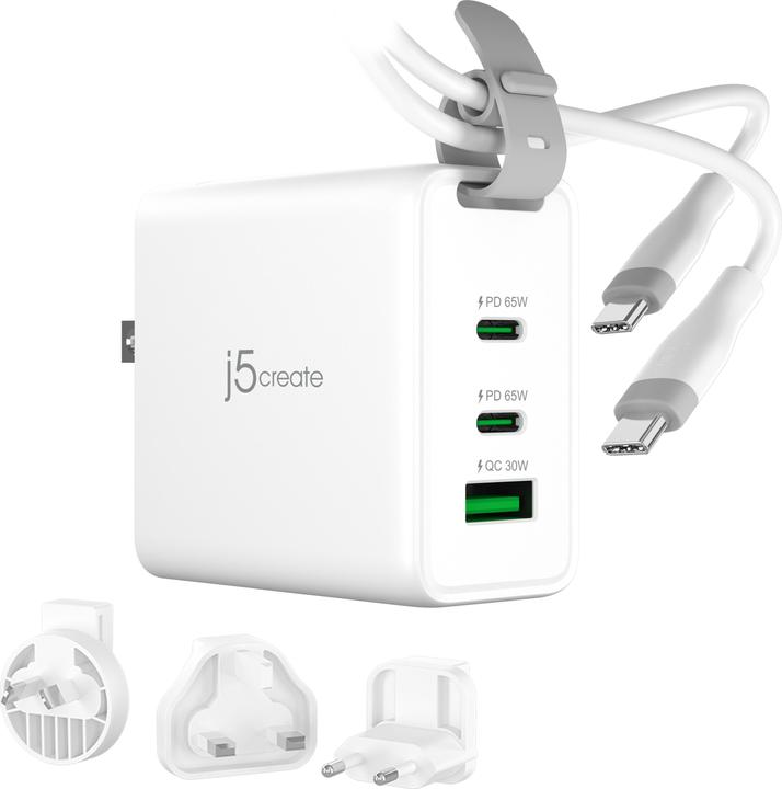 Produktbild j5Create 65-Watt-GaN-USB-C-Reiseladegerät mit 3 Anschlüssen, einschliesslich austauschbaren Netzsteck (65 W)