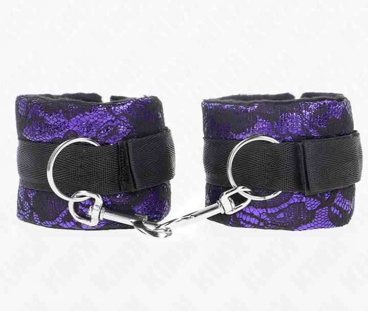 Actual product image Kink Short Wrist Cuffs Made Of Velvet Lace And Nylon Binding Purple/Black 23 X 6.5 cm