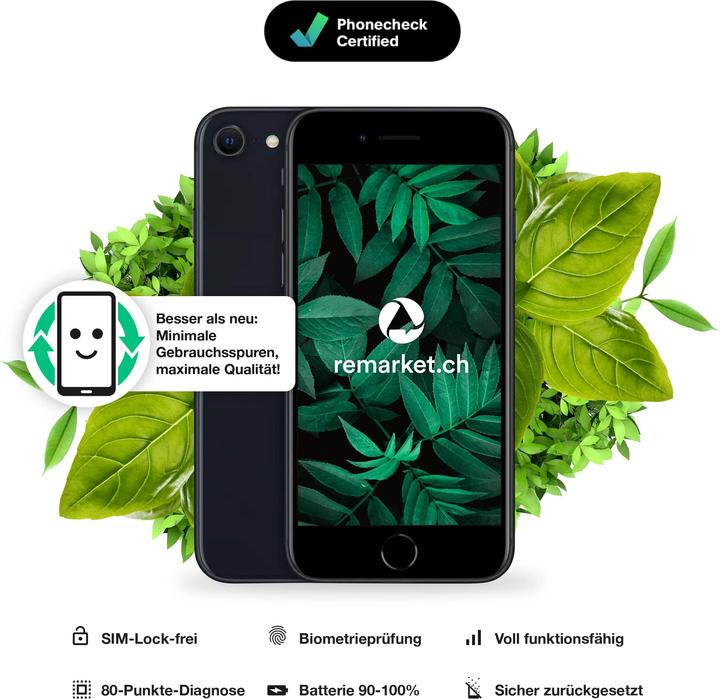 Actual product image remarket.ch iPhone SE (2022) (128 GB, Midnight, 4.70", 12 Mpx, A / Like new)