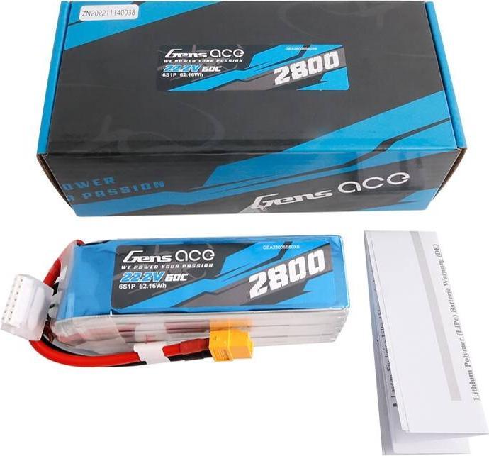 Actual product image Gens Ace Lipo 2800mAh 22.2V 60C 6S1P battery with XT60 connector (22.20 V, 2800 mAh)