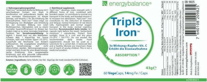 Nutritional values and ingredients Energybalance Tripl3 Iron Iron (60 Piece, Capsules, 43 g)
