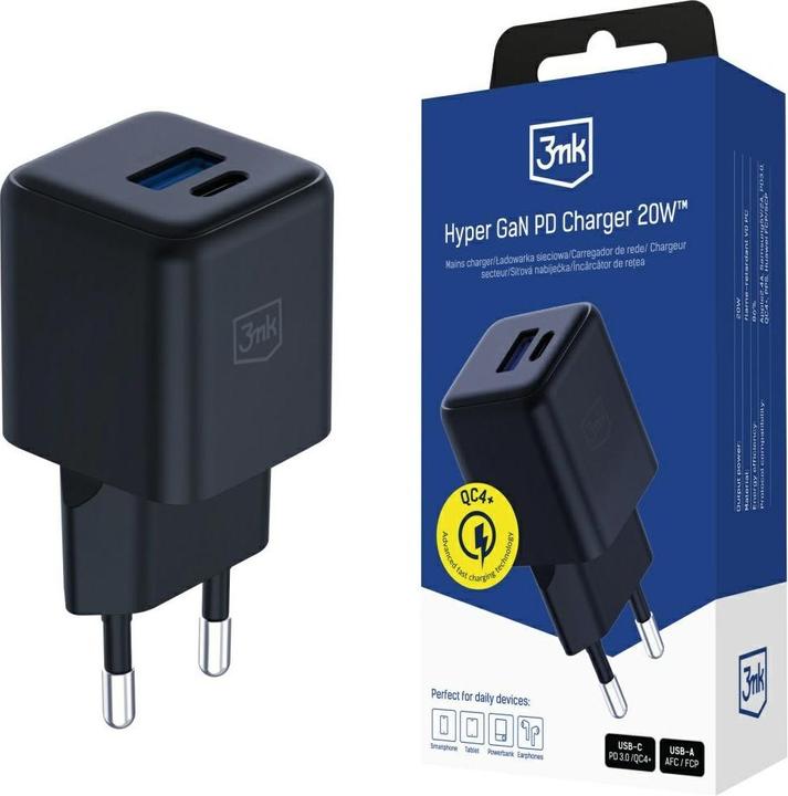 3MK Ładowarka sieciowa Hyper GaN Charger 20W 1xUSB-A 1XUSB-C PD QC4+ czarny (20 W)