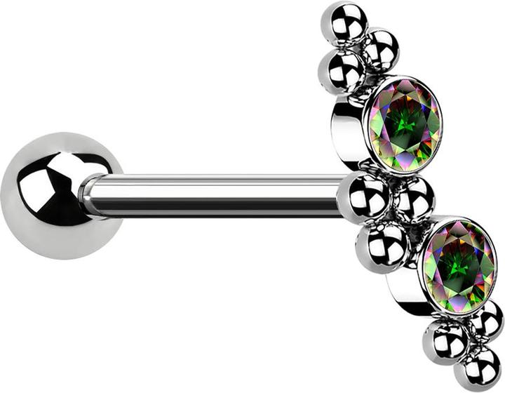 Star Piercing Micro Barbell silber mit Kugel zwei Kristallen dunkel multicolor und Kugeln (ohne Messing, Chirurgenstahl 316L)
