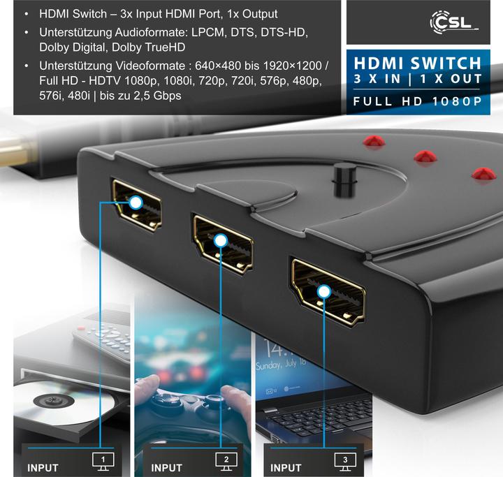 Image du produit CSL Commutateur HDMI 3 ports Full HD 1080p, commutation automatique / 3D / HDCP / CEC