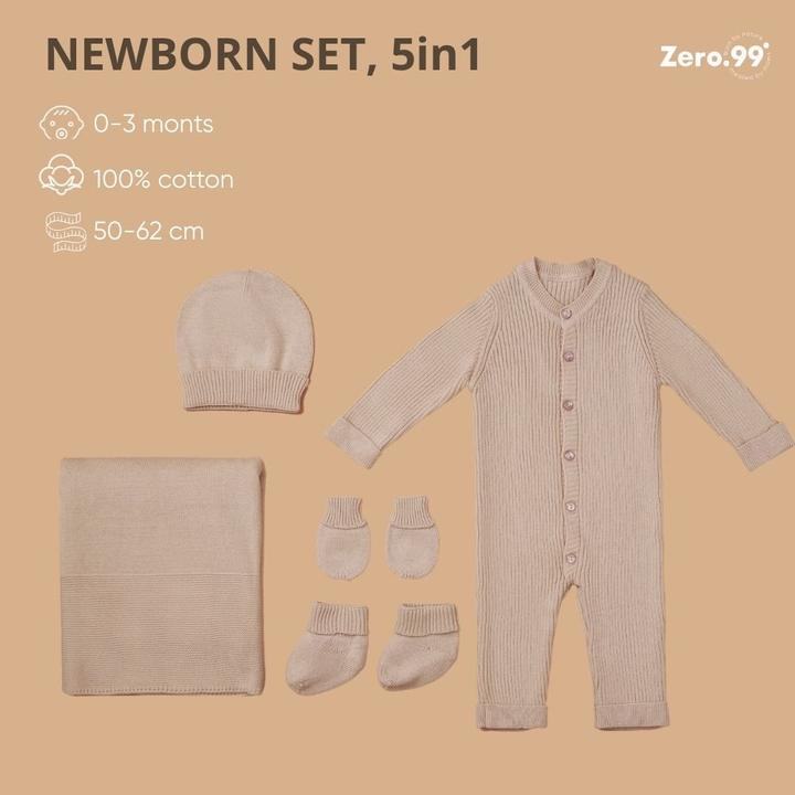 Actual product image Zero.99 Newborn Set 5 pcs. - Blanket, Buttoned Sleepsuit, Scratch Mitts, Booties, Hat, Warm Beige (50, 56, 62, 68)