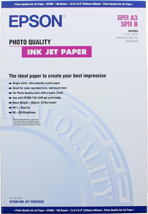 Immagine prodotto Epson Carta Ink Jet di qualità fotografica, 100 fogli (102 g/m², A3+, 100 x)